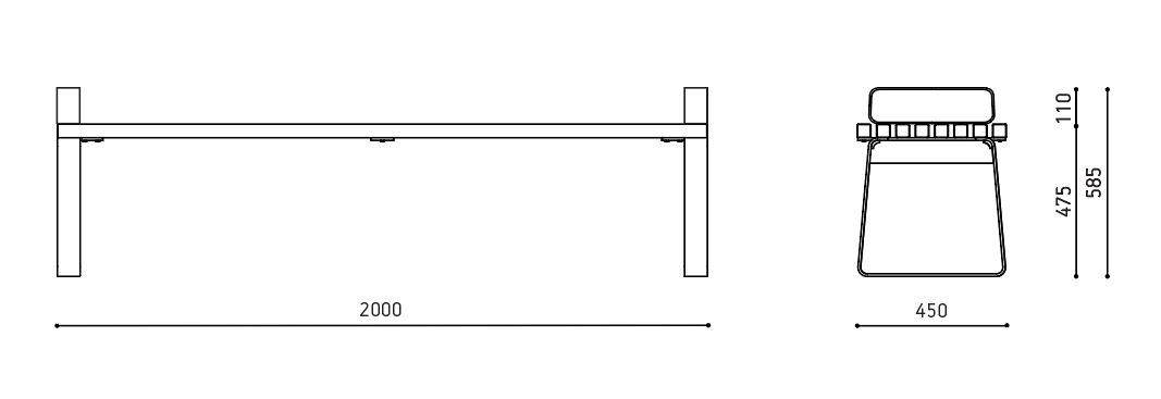 Prima bench with armrests, dimensions, extery urban furniture